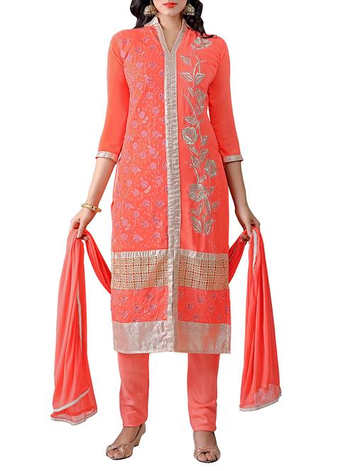 orange georgette unstitched suit - 11579937 - Very Small Image - 1