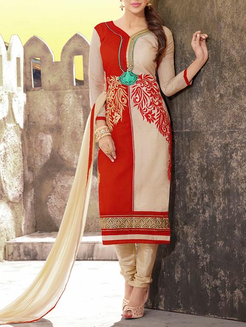 red chanderi cotton unstitched suit - 11580116 - Very Small Image - 1