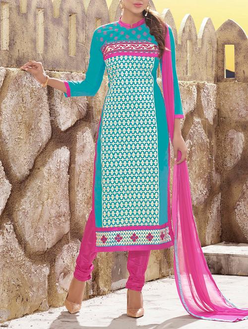 blue chanderi cotton unstitched suit - 11580119 - Very Small Image - 1
