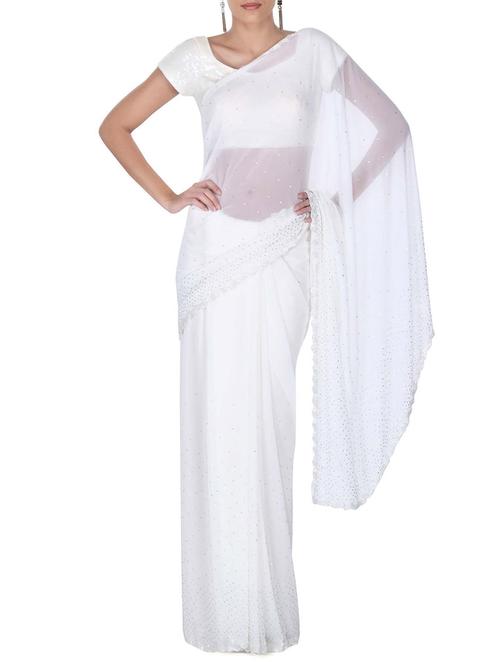 white georgette embellished saree with blouse - 11592325 - Very Small Image - 1