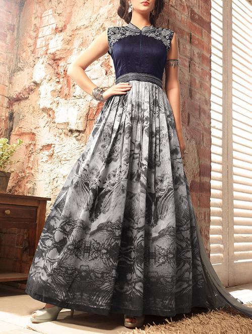 grey embroidered and printed banglori silk semi stitched suit - 11593000 - Very Small Image - 1