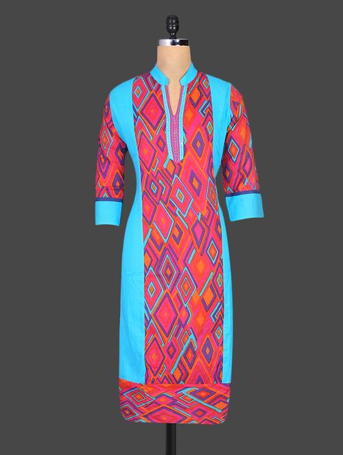 geometric print mandarin collar cotton kurta - 1159657 - Very Small Image - 1