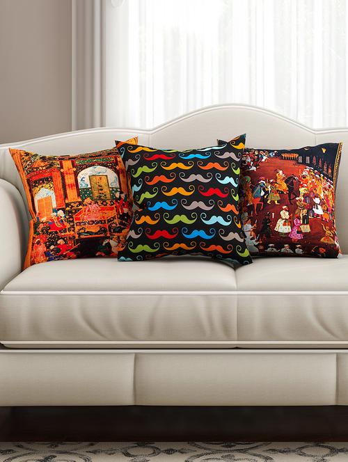 multicoloured cotton printed cushion cover (set of 3) - 11599566 - Very Small Image - 1