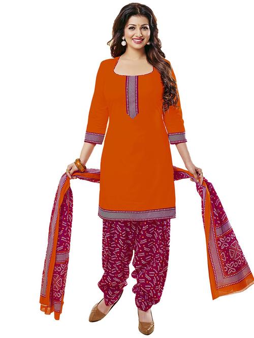 orange cotton printed unstitched suit set - 11601787 - Very Small Image - 1