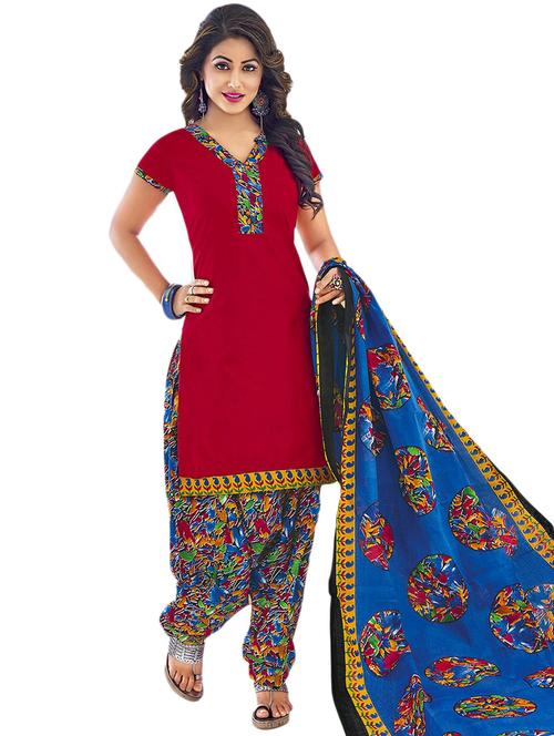 red cotton printed unstitched suit set - 11601800 - Very Small Image - 1