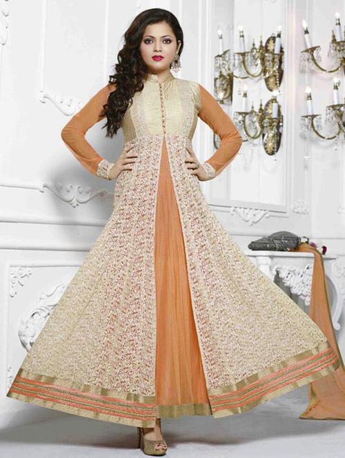 orange net embroidered dress material - 11601832 - Very Small Image - 1