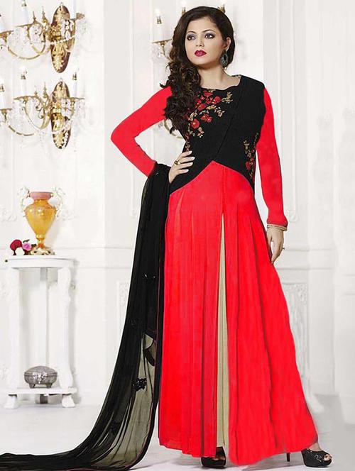 red georgette embroidered dress material - 11601842 - Very Small Image - 1