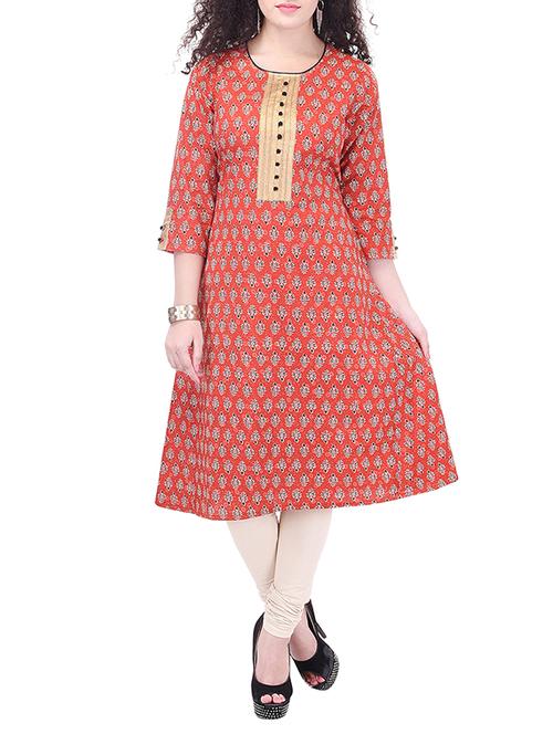 orange printed cotton a-line kurta - 11615251 - Very Small Image - 1