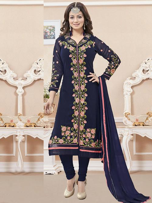 navy blue georgette embroidered unstitched suit set - 11631438 - Very Small Image - 1