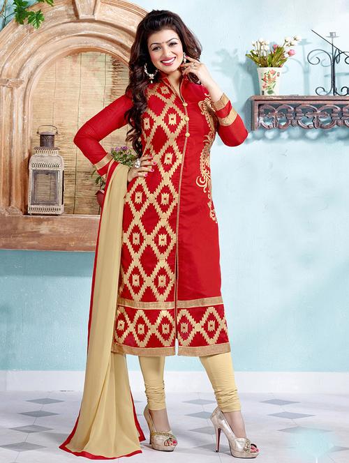red cotton embroidered unstitched suit set - 11631451 - Very Small Image - 1