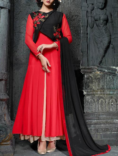 red and black georgette embroidered unstitched suit set - 11631461 - Very Small Image - 1