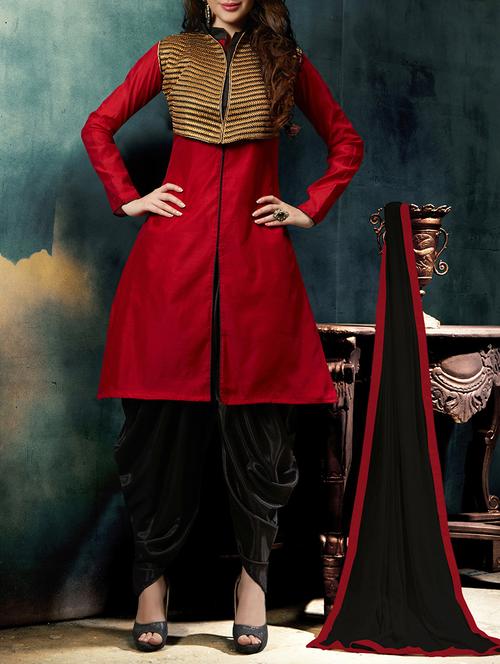 red cotton embroidered unstitched suit set - 11631469 - Very Small Image - 1