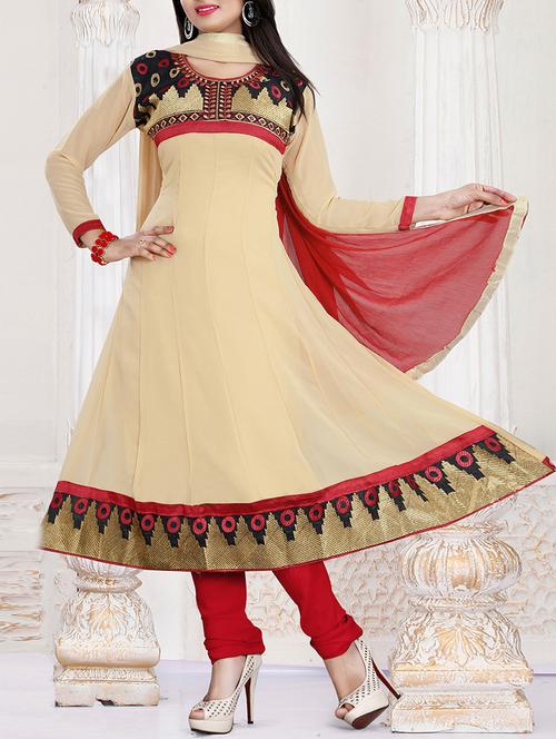 beige georgette embroidered unstitched anarkali suit set - 11631502 - Very Small Image - 1