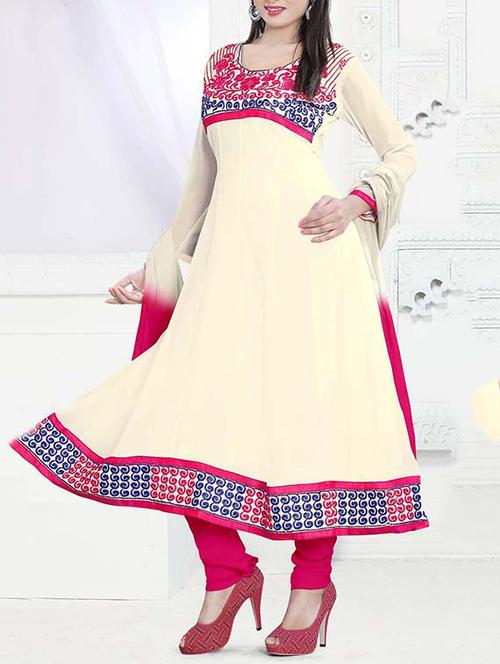 beige georgette embroidered unstitched anarkali suit set - 11631512 - Very Small Image - 1