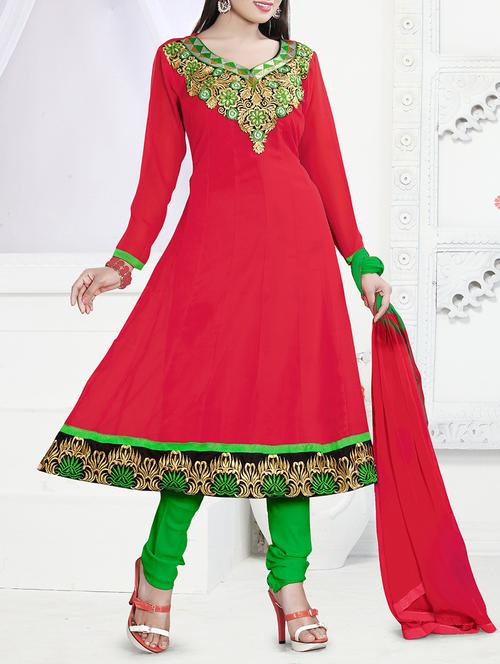 red georgette embroidered unstitched anarkali suit set - 11631513 - Very Small Image - 1