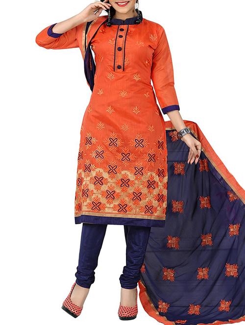 orange embroidered cotton blend semi stitched suit - 11632057 - Very Small Image - 1