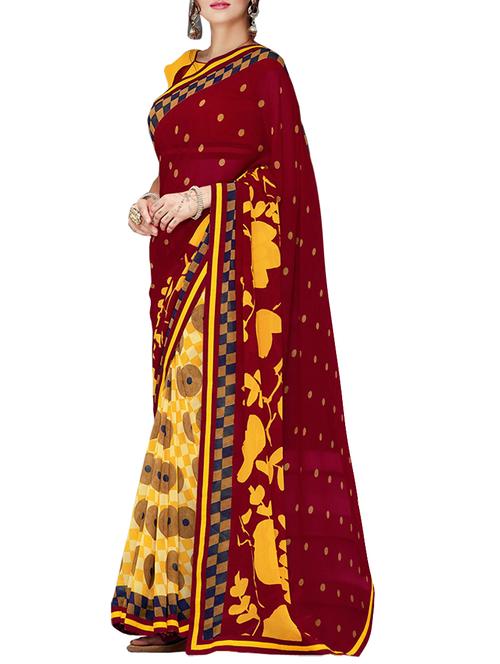 yellow and maroon georgette printed saree - 11632504 - Very Small Image - 1