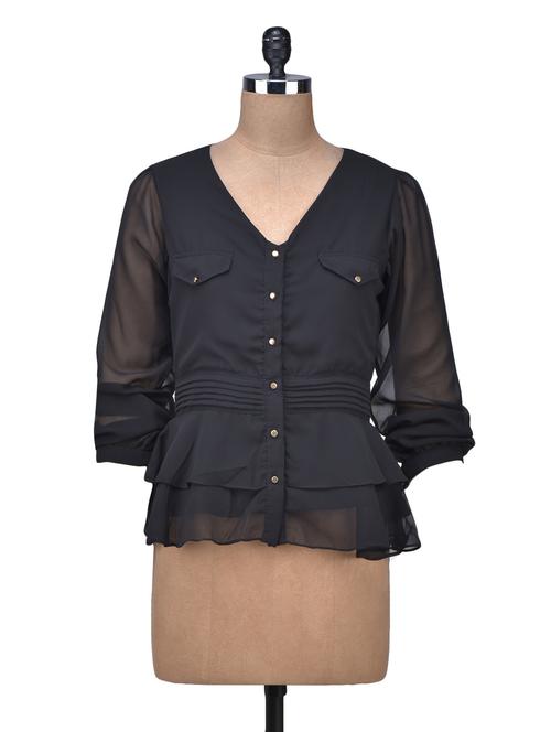 Black Georgette Solid Peplum shirt - 1164996 - Very Small Image - 1