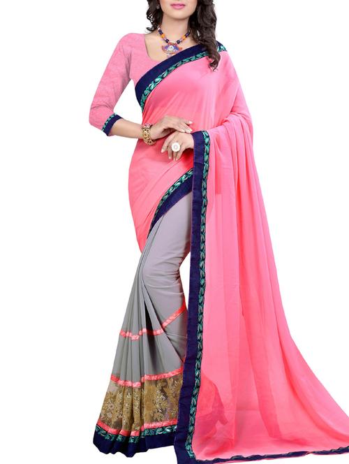 pink half n half georgette saree with blouse - 11667945 - Very Small Image - 1