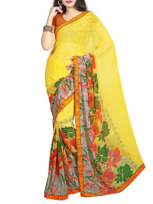 yellow georgette printed saree - 11668655 - Very Small Image - 1