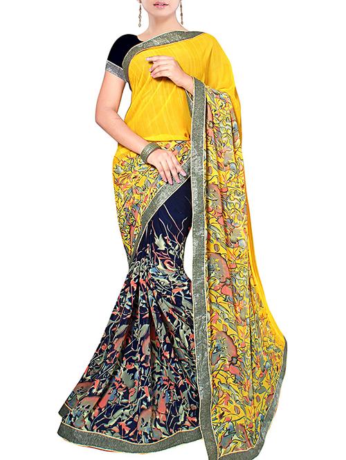 yellow and black georgette printed saree - 11668666 - Very Small Image - 1