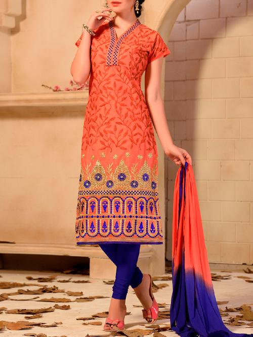 orange chanderi cotton unstitched suit - 11671214 - Very Small Image - 1