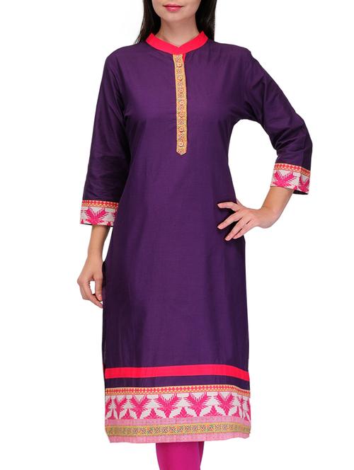 purple printed border cotton kurta - 1168845 - Very Small Image - 1