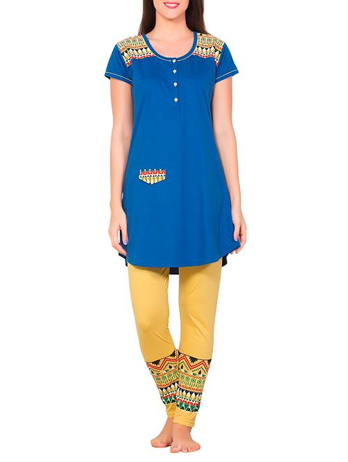dark blue and yellow printed hosery pyjama set - 11697318 - Very Small Image - 1