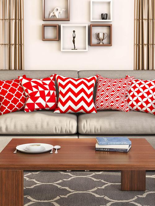 red cotton set of 5 cushion covers - 11697410 - Very Small Image - 1