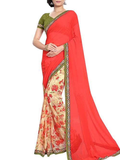 orange and beige floral print georgette half and half saree with blouse - 11704859 - Very Small Image - 1
