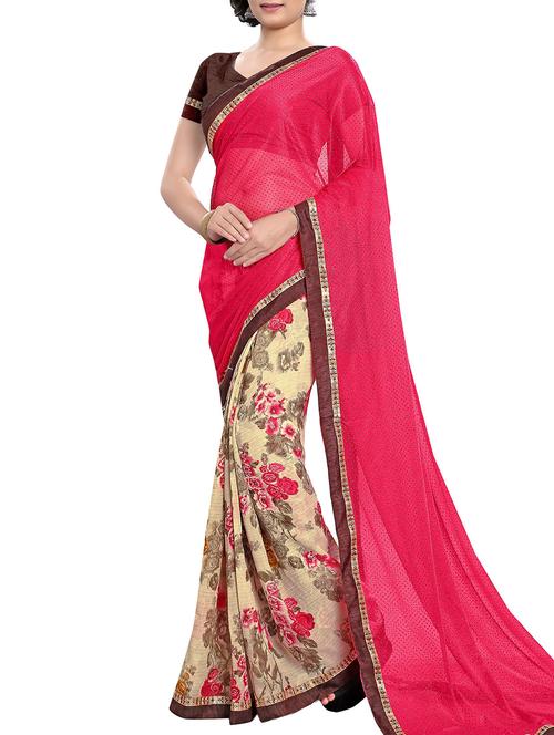 magenta and beige floral print georgette half and half saree with blouse - 11704860 - Very Small Image - 1