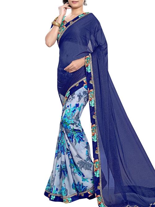 dark blue and grey floral print georgette half and half saree with blouse - 11704861 - Very Small Image - 1