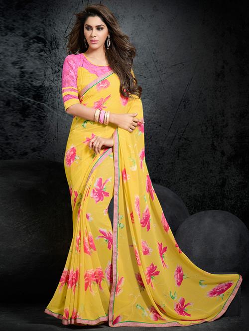 yellow georgette floral print saree - 11714722 - Very Small Image - 1