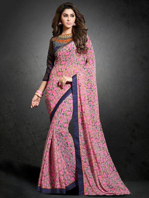 pink georgette floral print saree - 11714728 - Very Small Image - 1