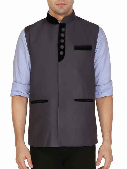 grey cotton nehru jacket - 11714761 - Very Small Image - 1