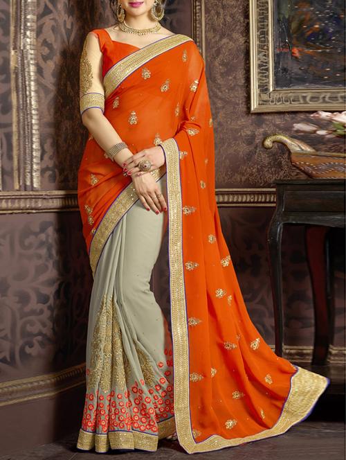 orange georgette embroidered saree with blouse - 11715110 - Very Small Image - 1
