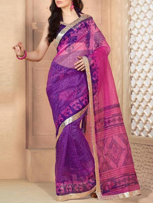 purple net printed saree with blouse - 11715116 - Very Small Image - 1