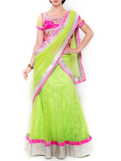 parrot green embroidered net lehenga - 11715239 - Very Small Image - 1
