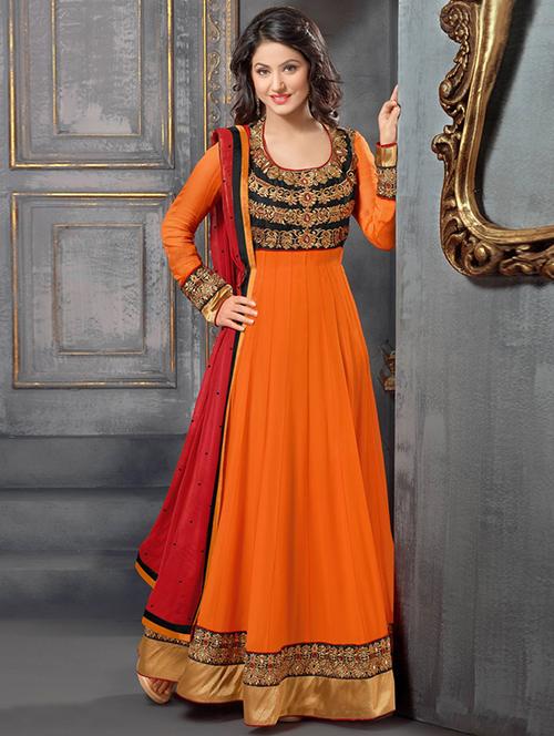 orange georgette unstitched suit - 11725900 - Very Small Image - 1