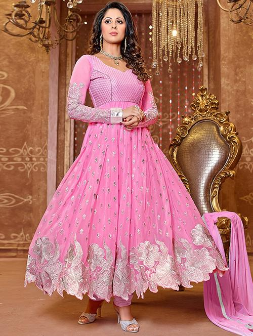 pink georgette unstitched suit - 11725906 - Very Small Image - 1
