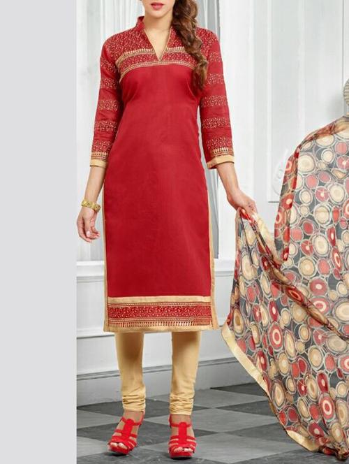 red cotton unstitched suit - 11725921 - Very Small Image - 1
