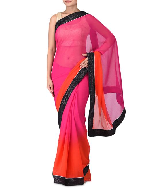fuchsia and red chiffon saree with sequin border - 1174048 - Very Small Image - 1
