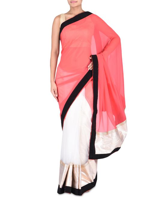 coral and white poly georgette and net saree - 1174063 - Very Small Image - 1