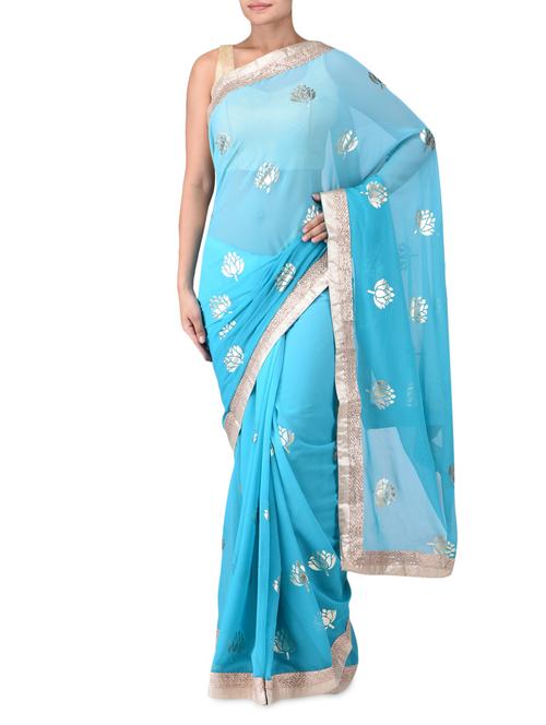 lotus printed sky blue poly georgette saree - 1174072 - Very Small Image - 1