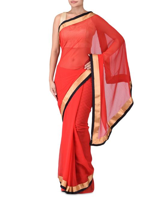 solid red chiffon saree - 1174077 - Very Small Image - 1