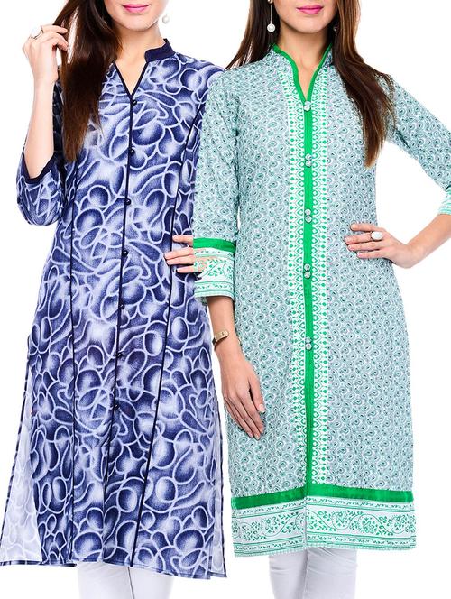 multi colored cotton straight kurtas set of 2 - 11750301 - Very Small Image - 1