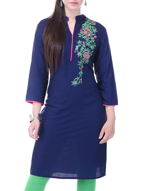 dark blue rayon embroidered kurta - 11750332 - Very Small Image - 1