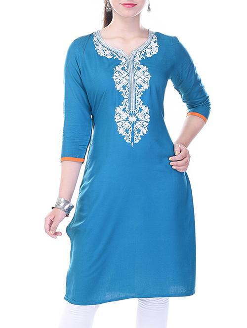sky blue rayon embroidered kurta - 11750336 - Very Small Image - 1