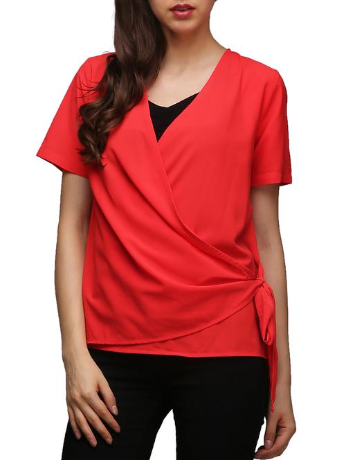 red polycrepe wrap top - 11766274 - Very Small Image - 1