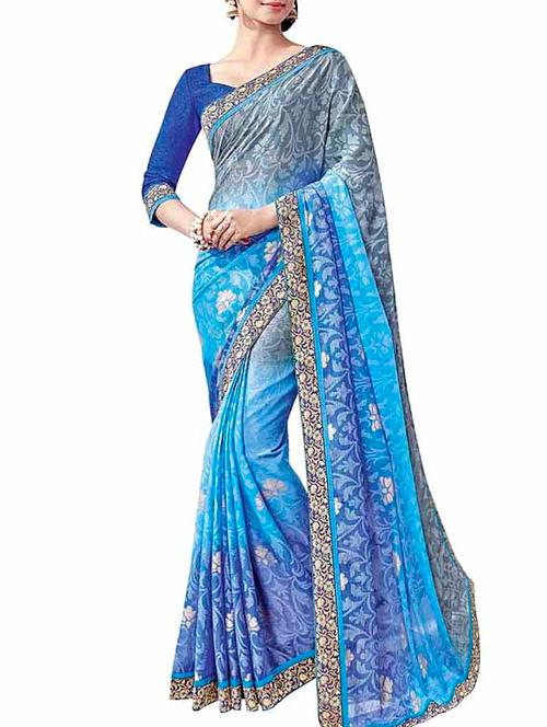 blue chiffon printed saree with blouse - 11767358 - Very Small Image - 1